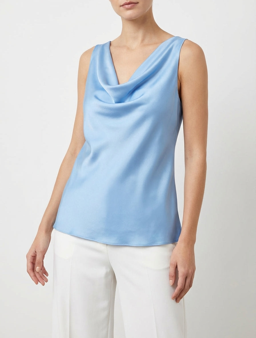 Ärmelloses Satin-Top mit Wasserfallausschnitt - Himmelblau