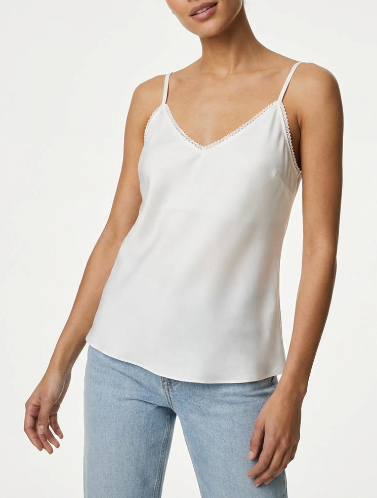 Satinierte Caraco mit besticktem V-Ausschnitt - Weiß