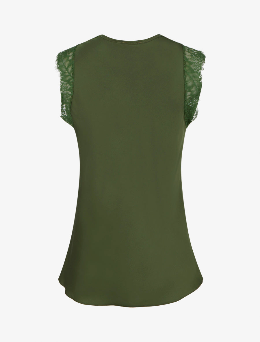 Top satiné à col V en dentelle - Kaki - 2