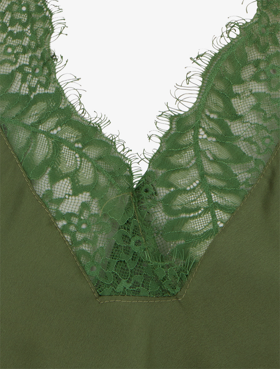 Top satiné à col V en dentelle - Kaki - 3