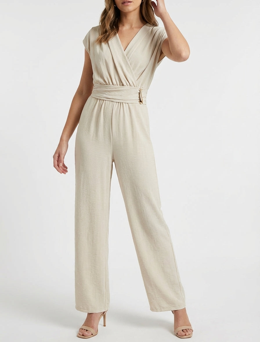 Weite Kombination mit drapiertem Wickelkragen - Beige