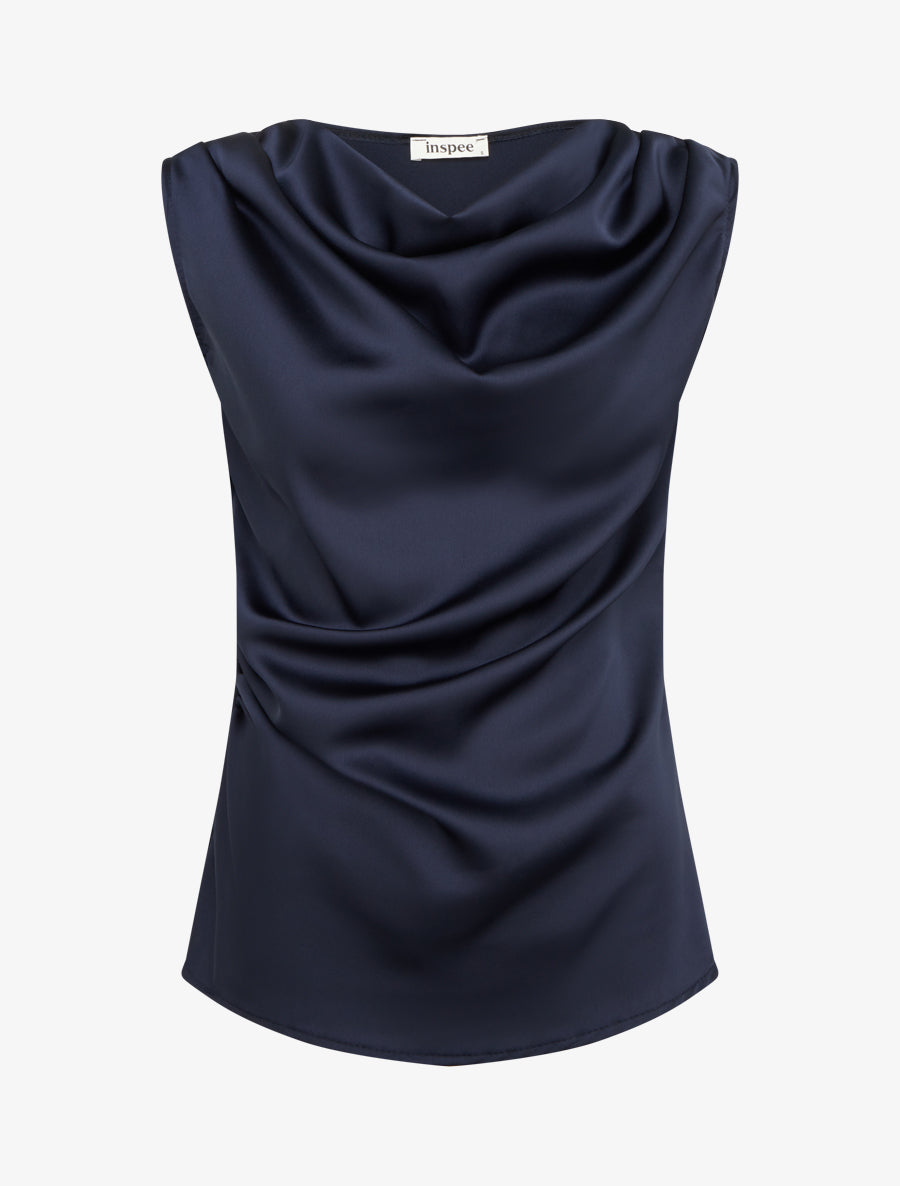 Top satiné à col bénitier - Marine - 1