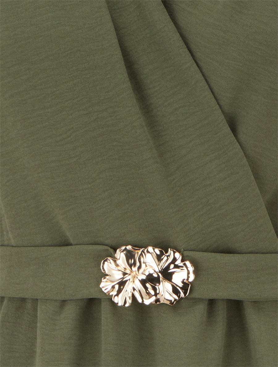 Robe unie à empiècement bijou à la taille - Kaki - 3