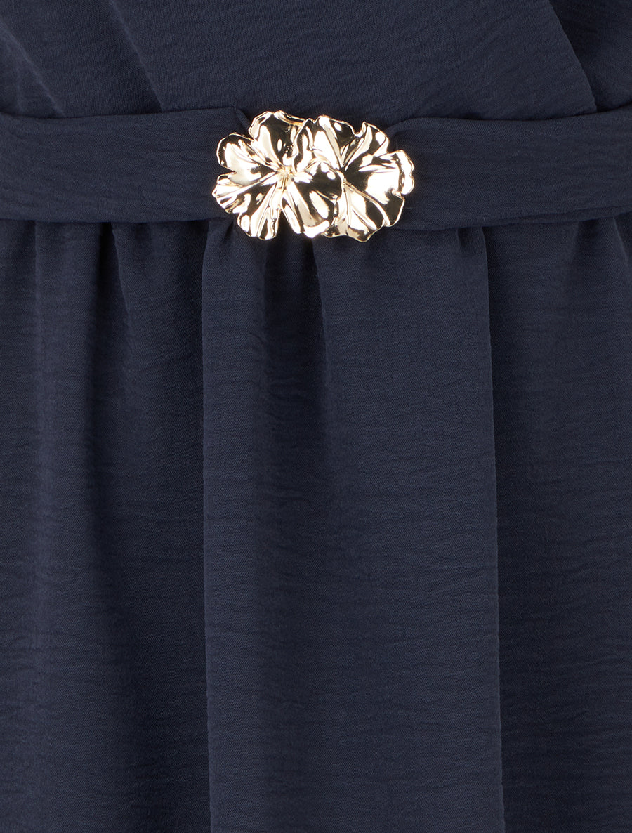 Robe unie à empiècement bijou à la taille - Marine - 3