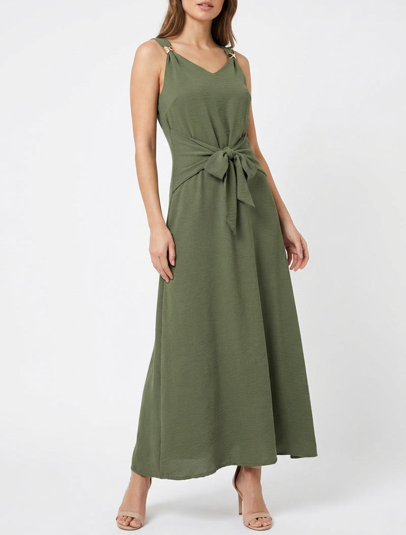 Langes Kleid mit Bindebändern - Kaki