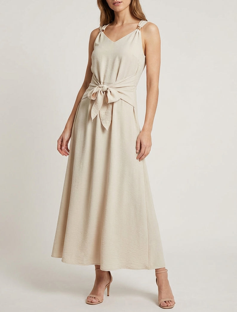 Langes Kleid mit Bindebändern - Beige