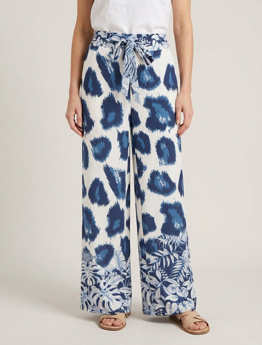 Weit geschnittene Hose mit fantasievollem Leopardenmuster - Marine