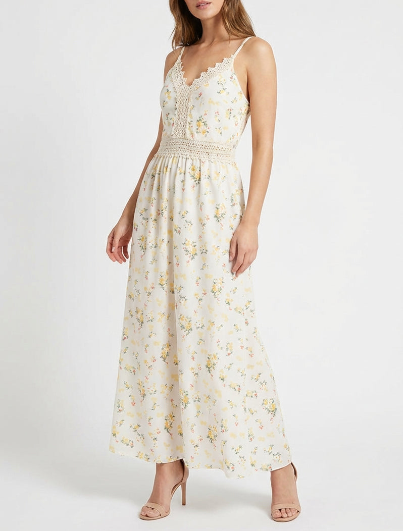 Langes Kleid mit kleinen Blumenmuster und Häkel-Details - Gelb