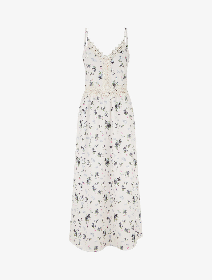 Robe longue imprimé petites fleurs à détail crochet - Noir - 1