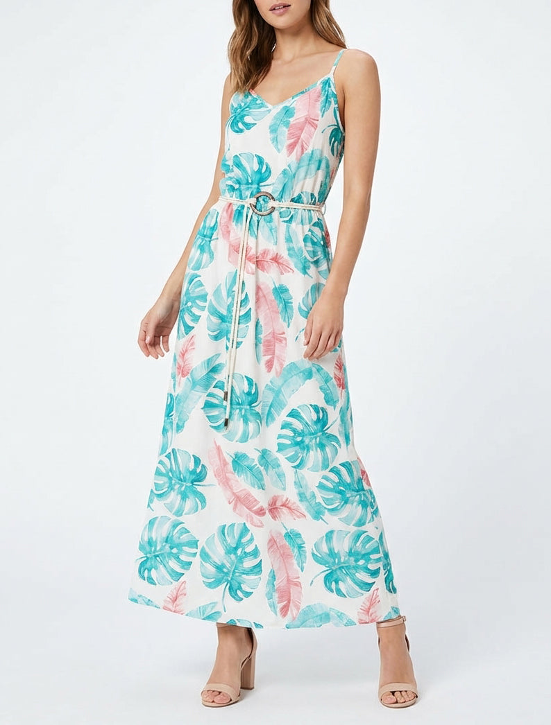 Langes Kleid mit Blattdruck und elastischer Taille - Türkis