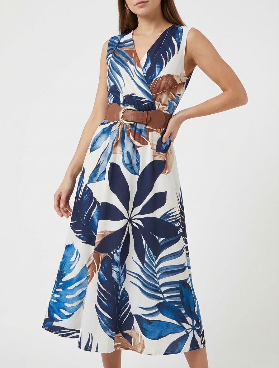 Ärmelloses Kleid mit Blattdruck - Marine