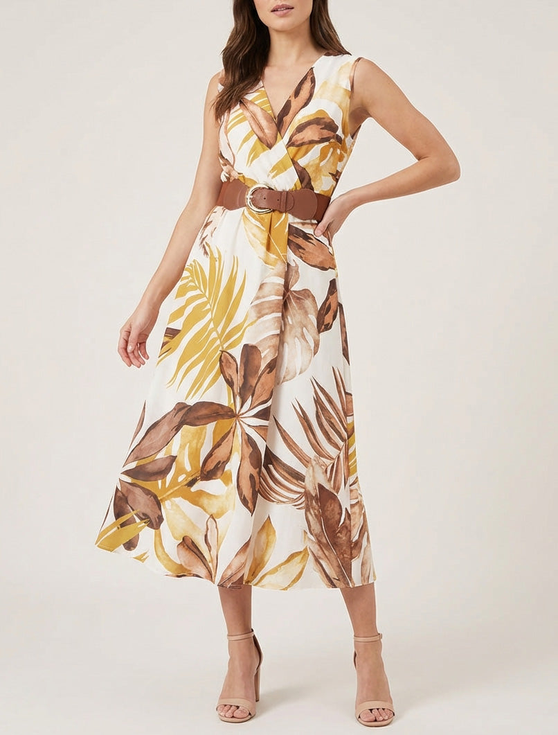 Ärmelloses Kleid mit Blattdruck - Senfgelb