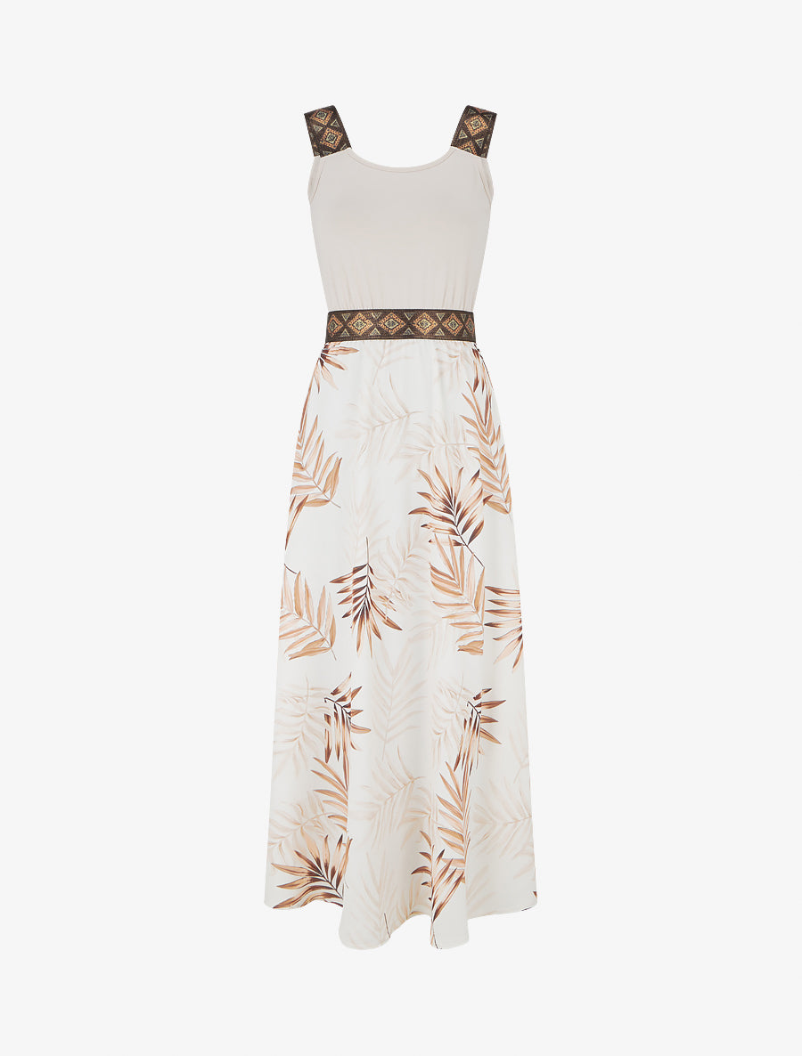 Robe imprimé feuillage à bretelles stylisées - Beige - 1