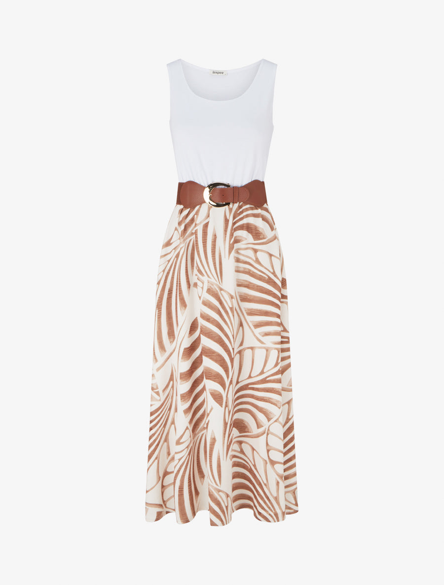 Robe longue sans manches imprimé feuilles - Beige foncé - 1