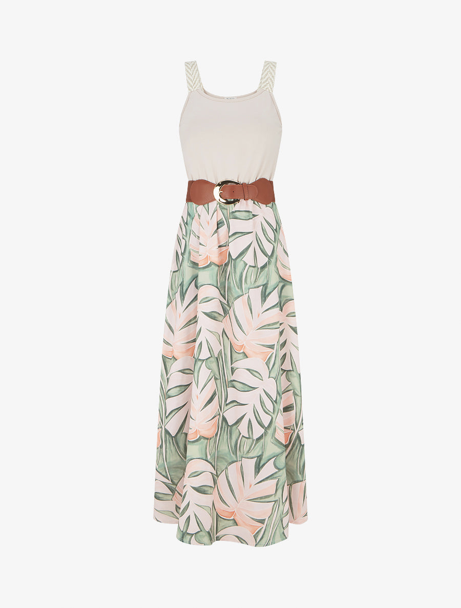 Robe longue imprimé feuillage - Beige - 1