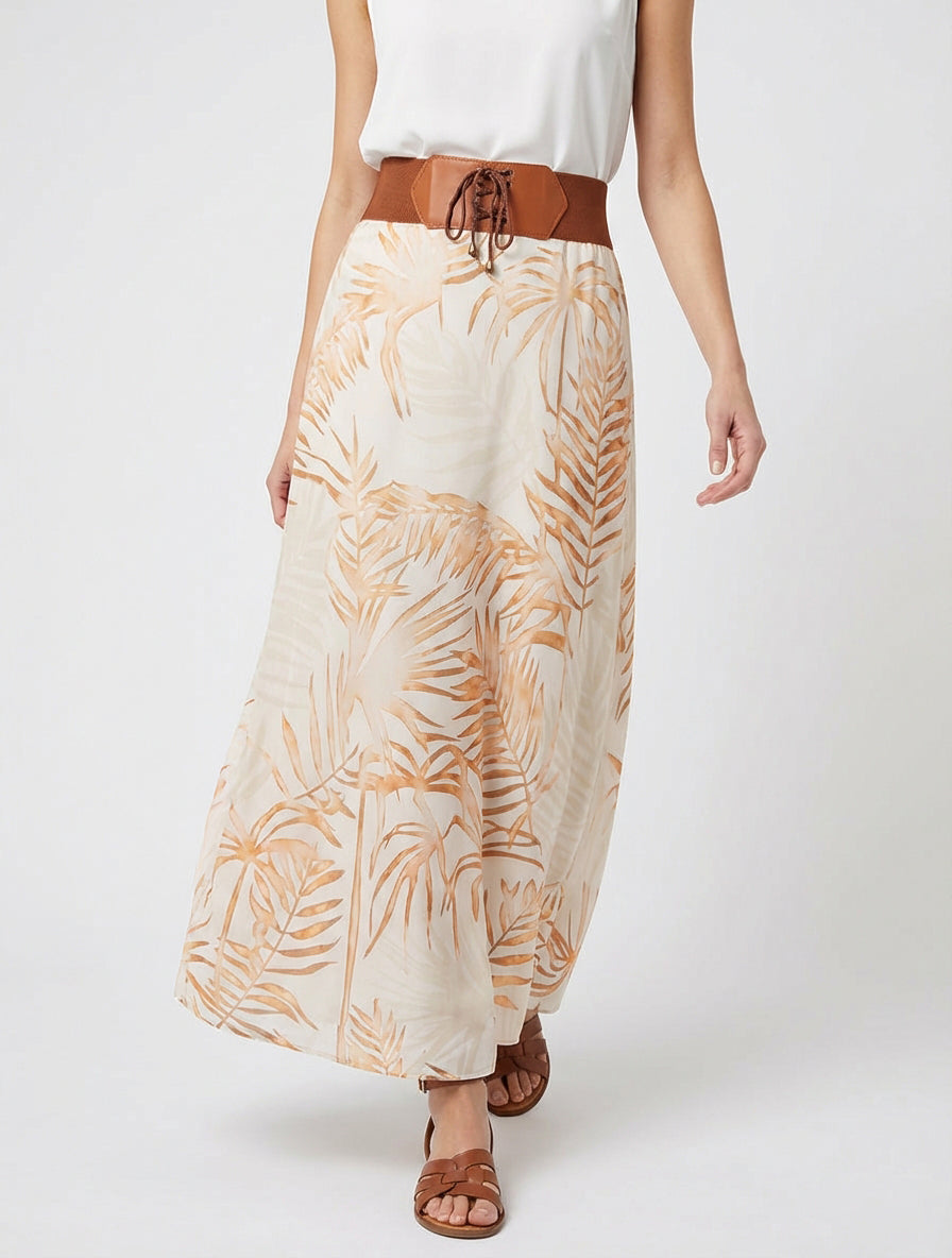 Langer Rock mit Blattdruck - Beige