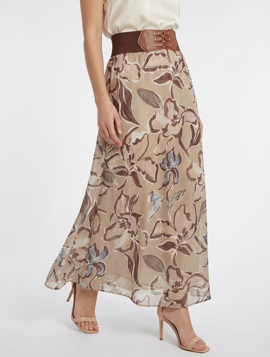 Langer Rock mit Blumendruck und irisierenden Streifen - Beige