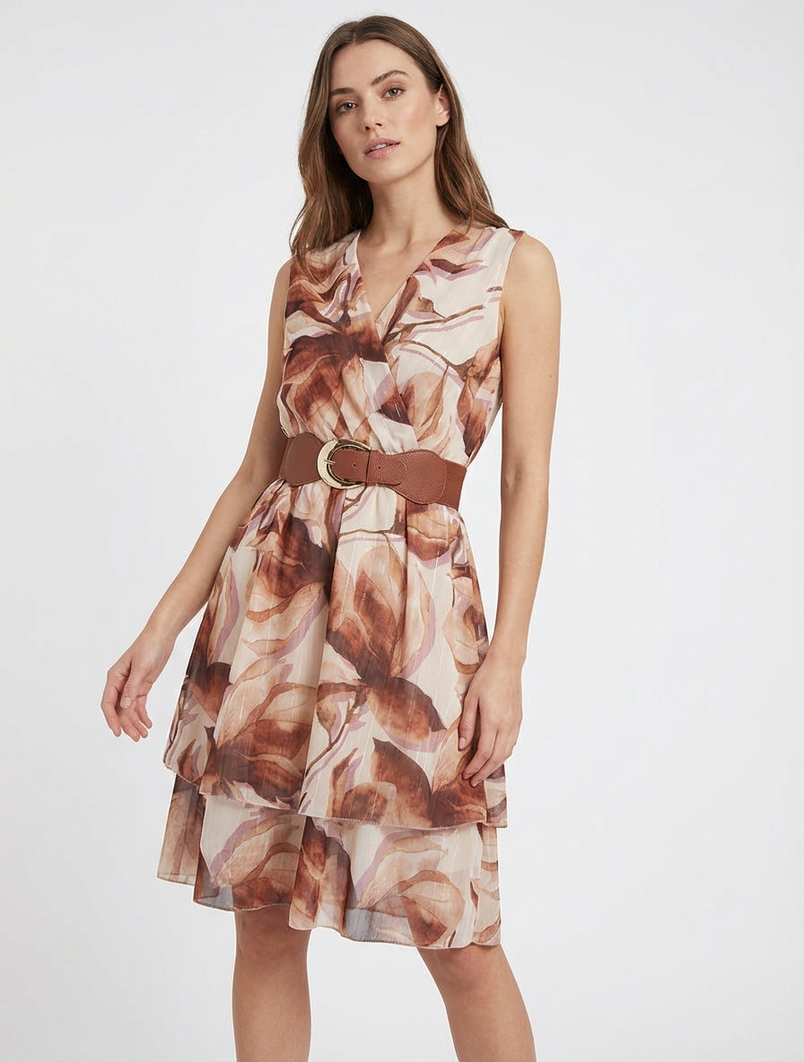 Ärmelloses Skaterkleid mit großem Blumenmuster - Braun