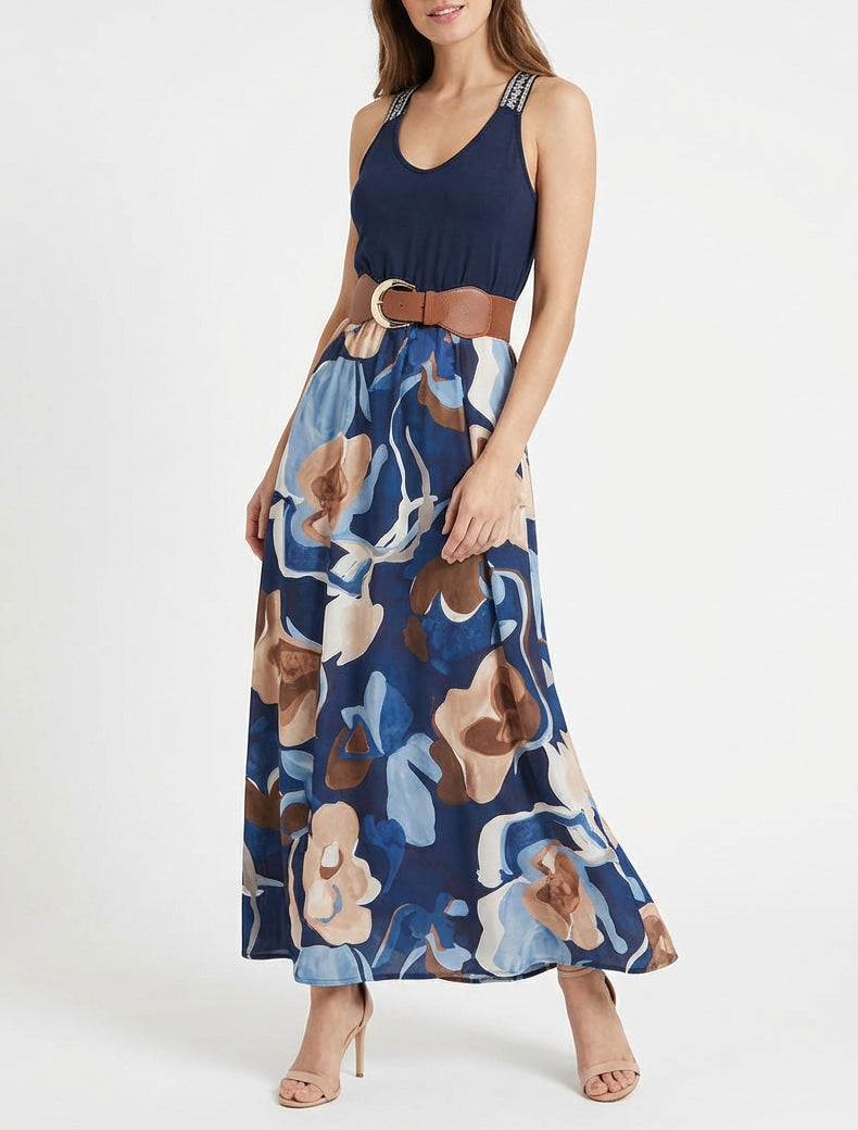 Langes Kleid mit Fantasiemuster - Marine
