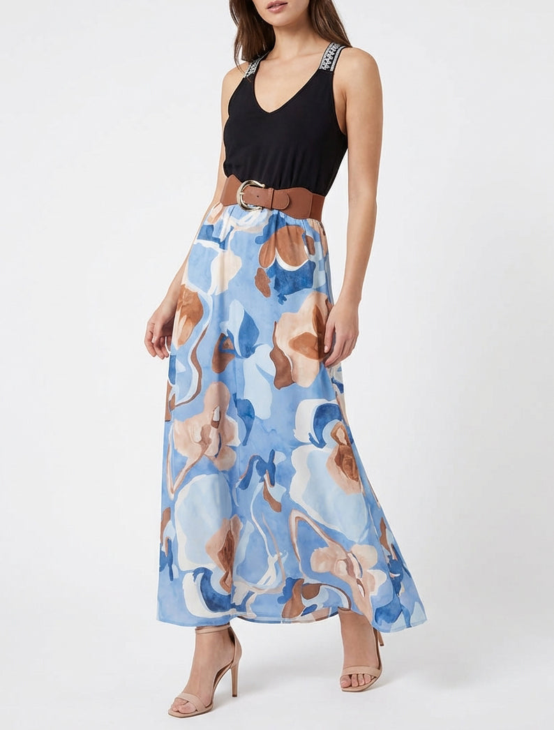 Langes Kleid mit Fantasiemuster - Himmelblau