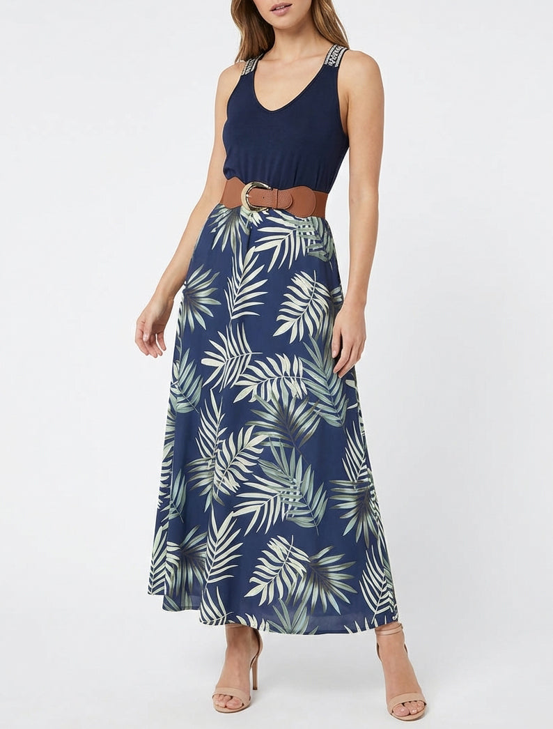 Langes Kleid mit Blätterdruck - Grün