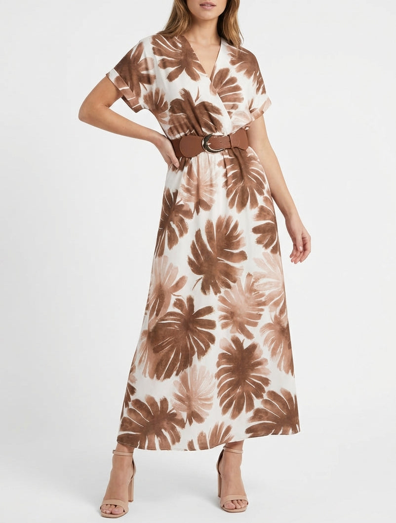 Langes Kleid mit kurzen Ärmeln und Blätterdruck - Braun