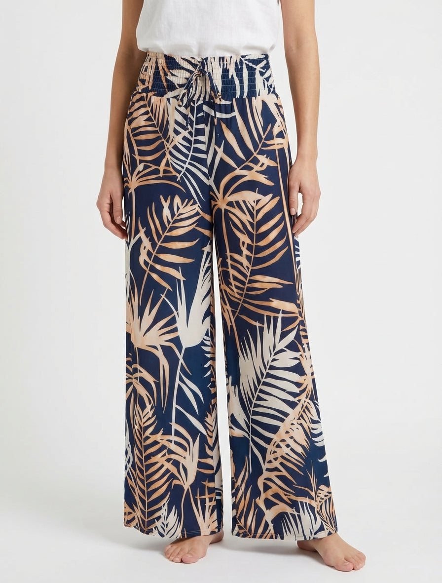 Blattbedruckte Hose mit elastischem Bund - Marine