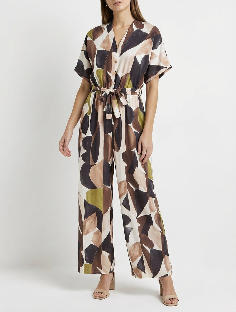 Abstrakt bedruckter Overall mit elastischer Taille - Schwarz