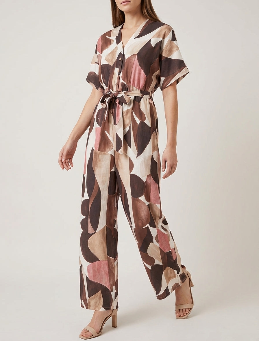 Abstrakt bedruckter Overall mit elastischer Taille - Braun