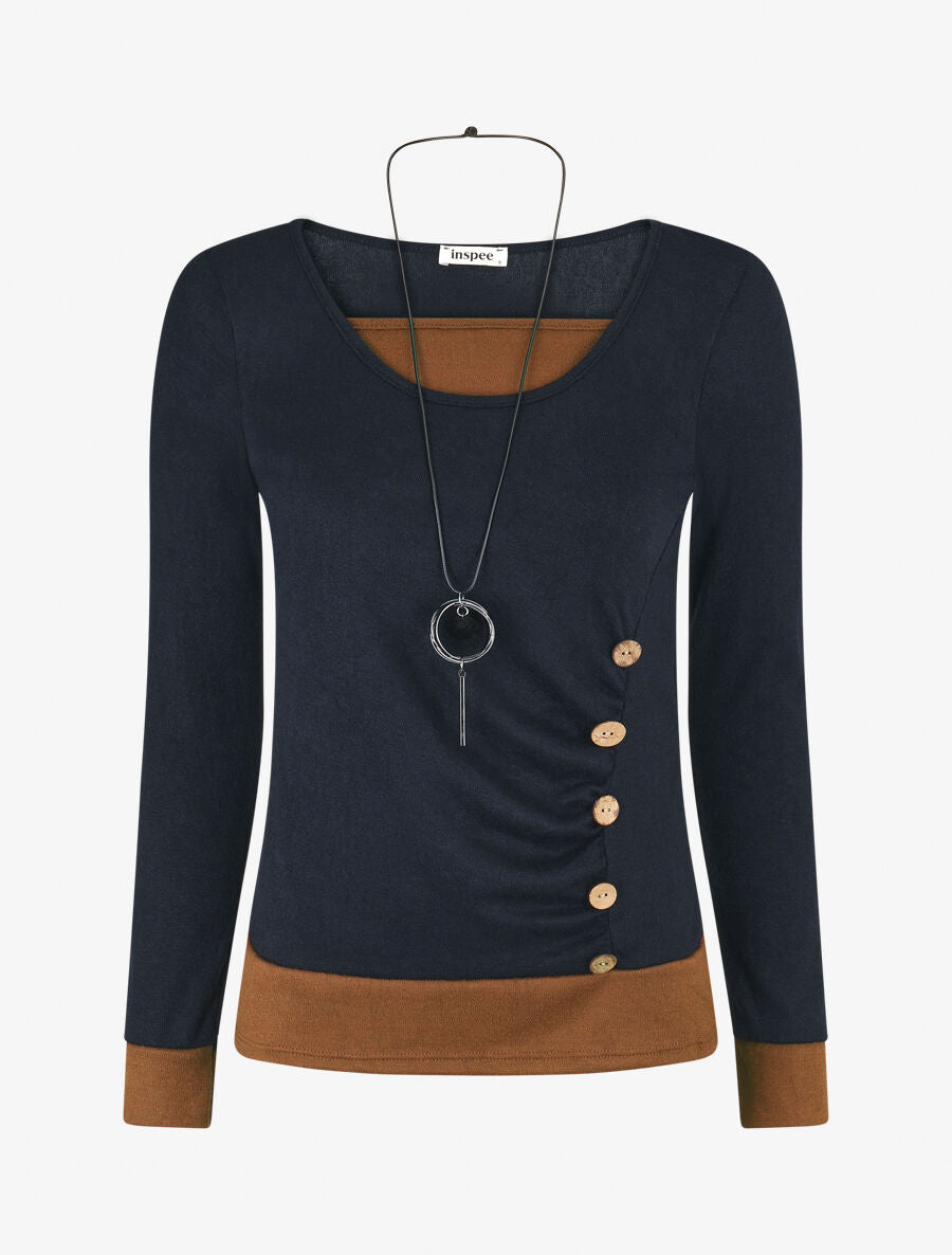 Pull fin effet superposé - Marine/camel - 1