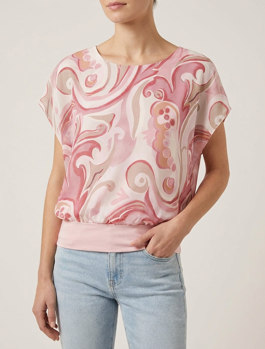 Kurzarm-Top mit Arabeskenmuster - Rose