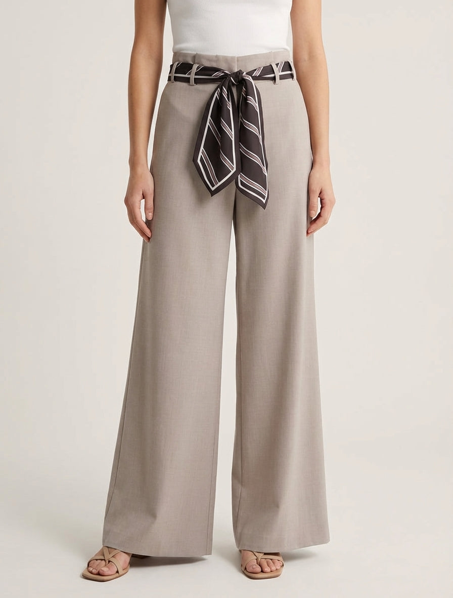 Weite Hose mit Schal-Stil Gürtel - Hellmaulwurf