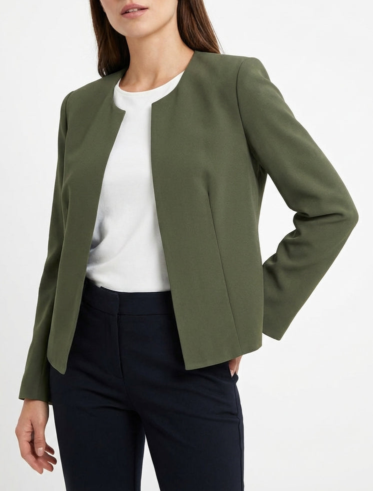 Gerade geschnittener Blazer mit Rundhalsausschnitt und Schulterpolstern. - Kaki