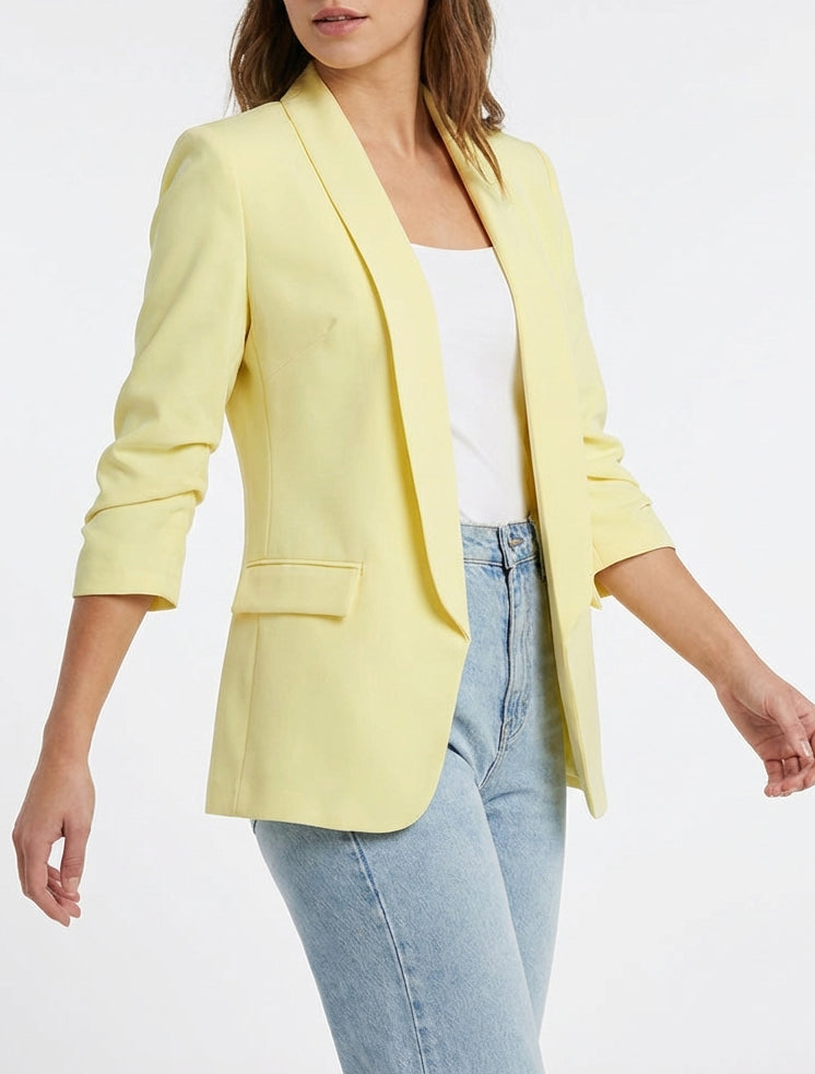 Einfarbiger Blazer mit gerafften Ärmeln - Zitronengelb