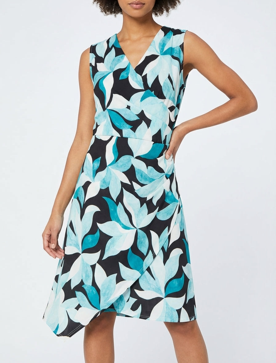Ärmelloses Wickelkleid mit Blätterdruck - Türkis