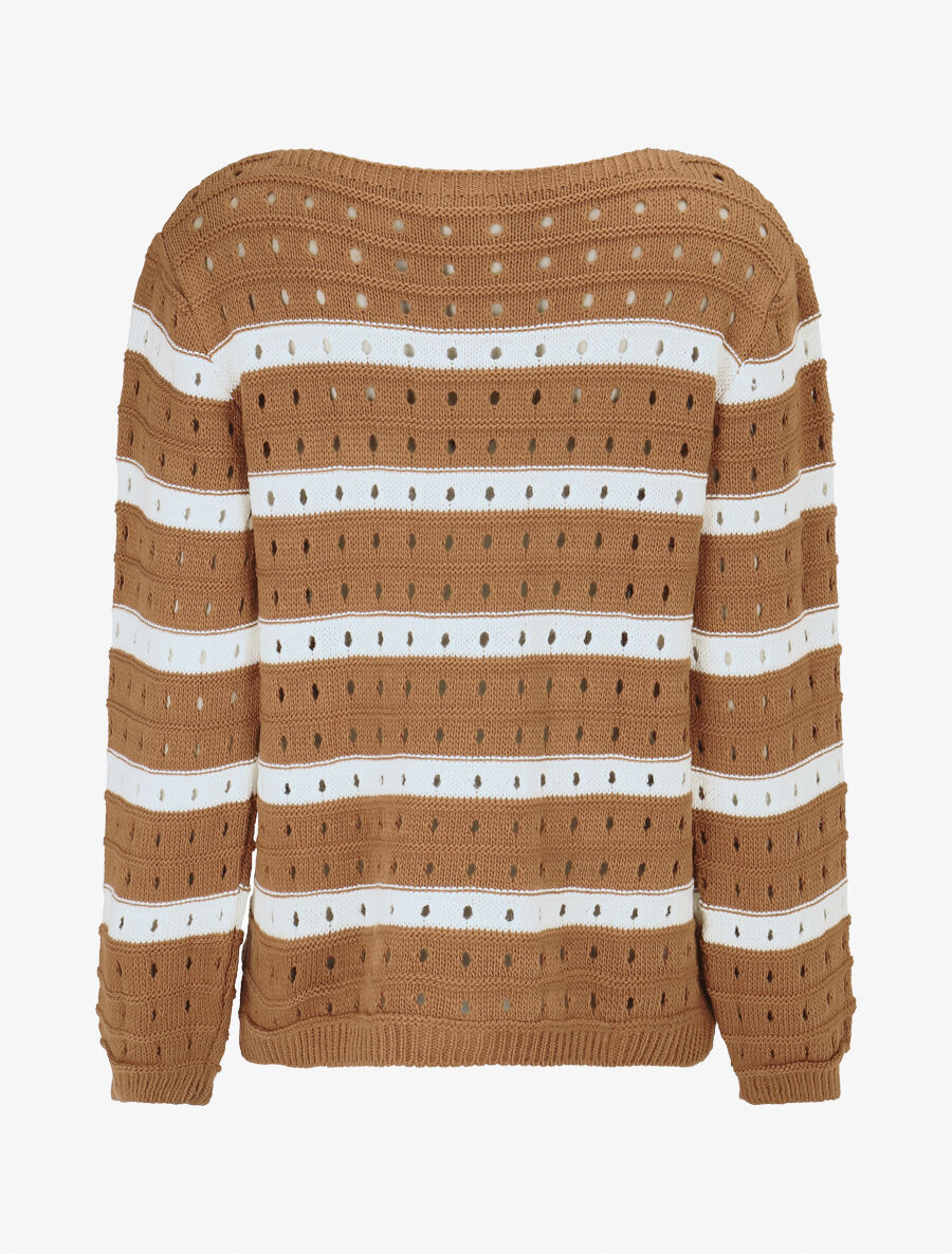Pull en maille ajourée à rayures - Camel - 2