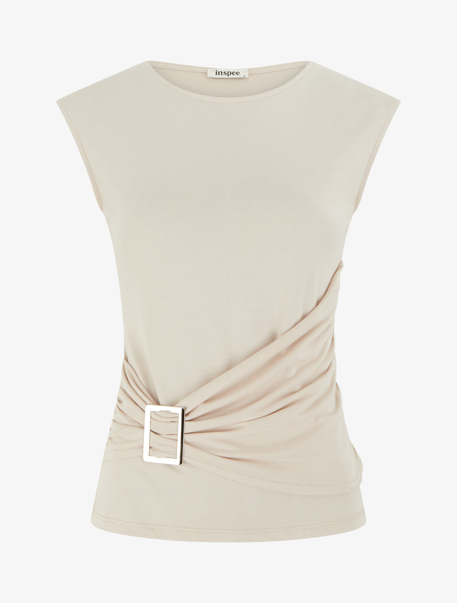 Top uni à col rond et empiècement bijou - Beige - 1