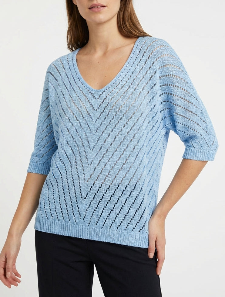 Leichter Strickpullover mit V-Ausschnitt - Himmelblau