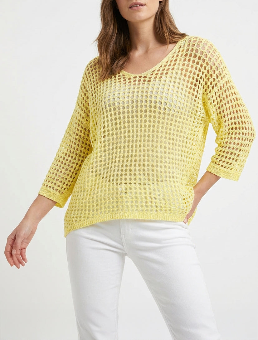 Einfarbiger Lochstrickpullover mit kurzen Ärmeln - Gelb