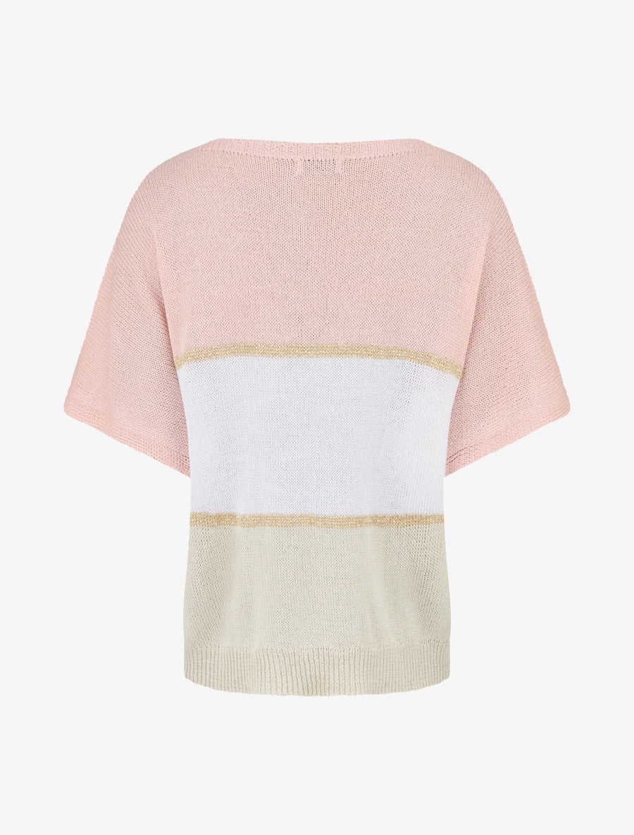 Pull rayé fin à manches courtes - Rose - 2