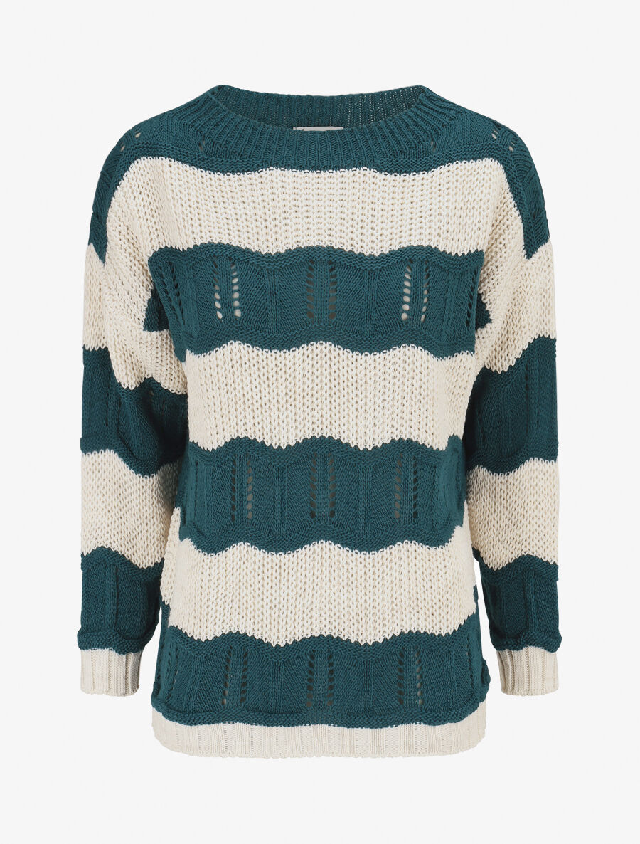 Pull en maille ajourée à rayures stylisées - Bleu pétrole - 5