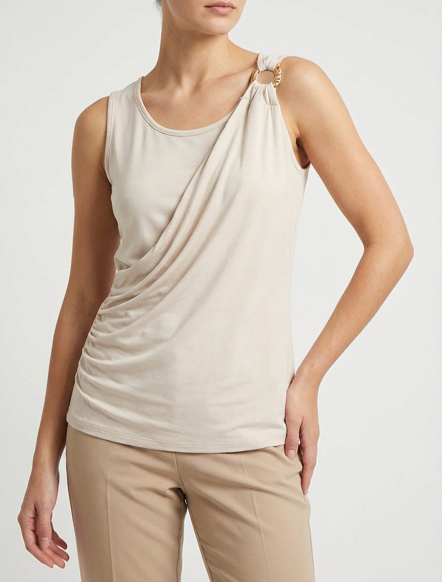 Ärmelloses Oberteil mit Drapierungseffekt und Schmuckträger. - Beige