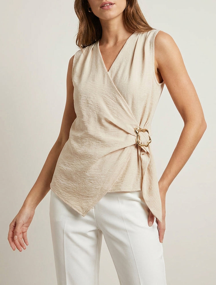 Gekreuztes Oberteil mit Schmuckbesatz - Beige