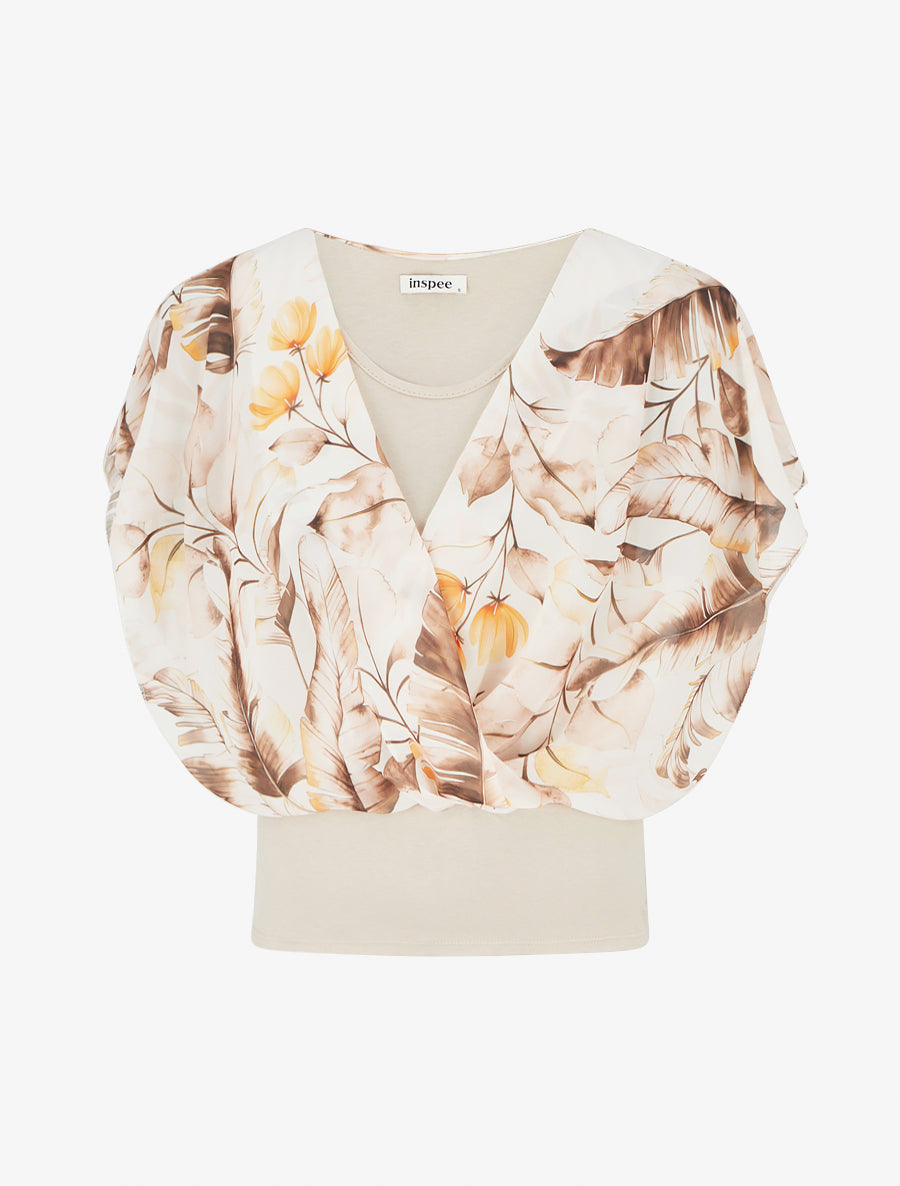 Top imprimé feuilles à manches volantées - Camel - 1