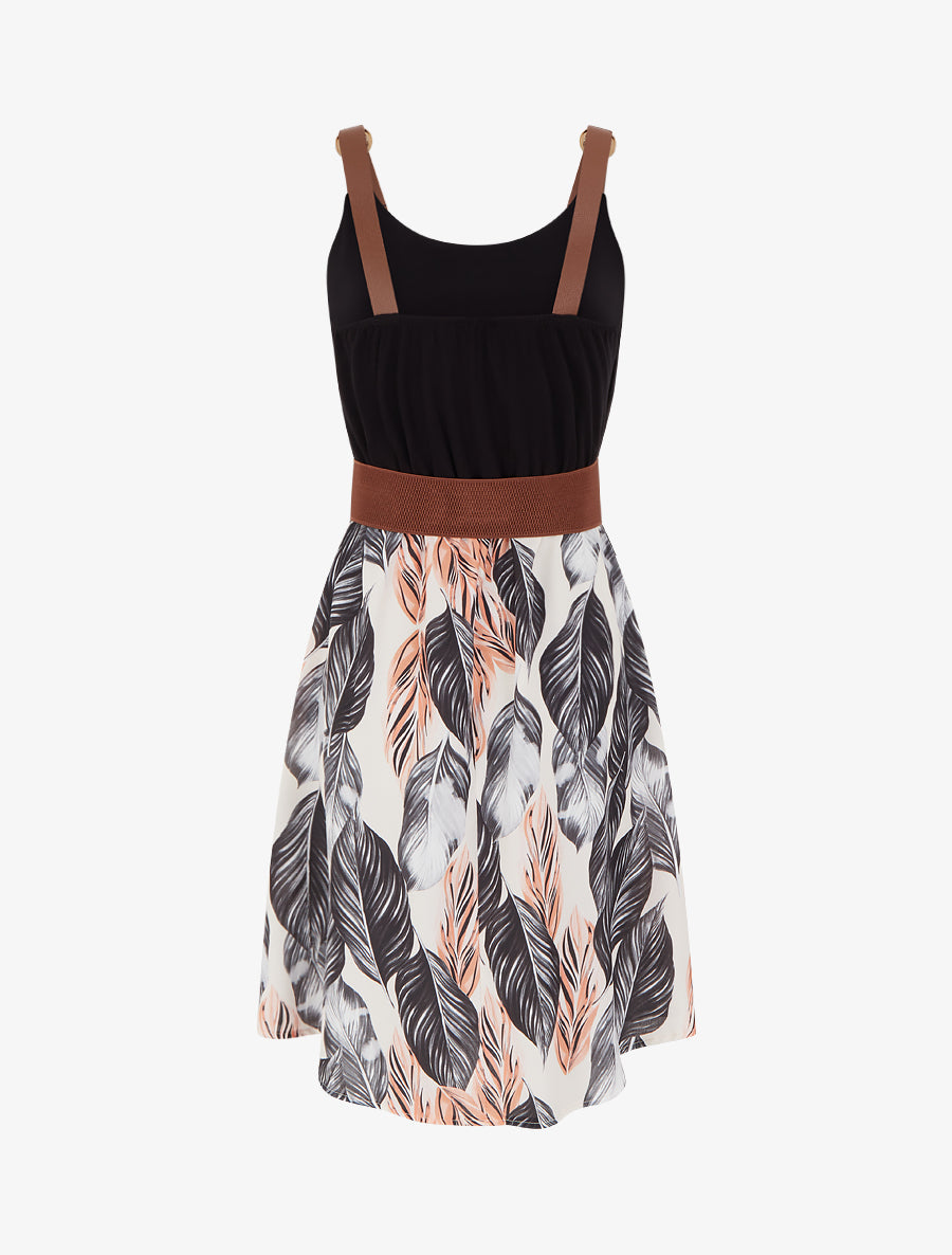 Robe mi-longue imprimée à bretelles en simili - Noir - 2
