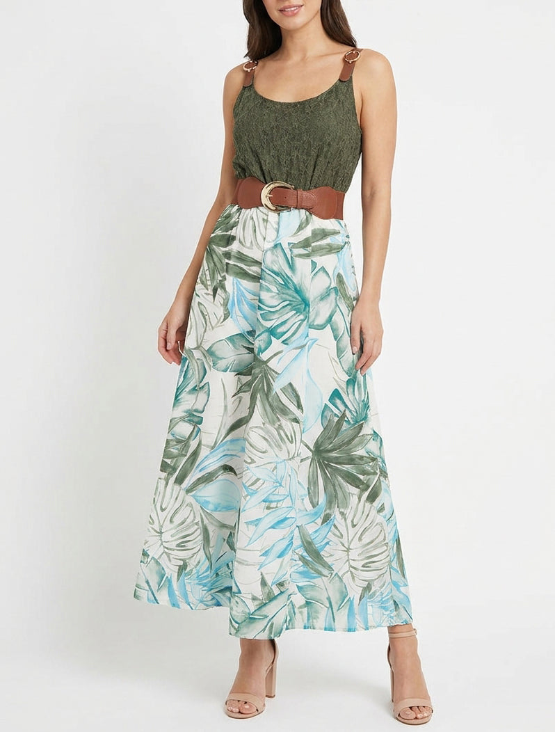 Langes Kleid mit tropischem Print und Kunstträgern - Kaki