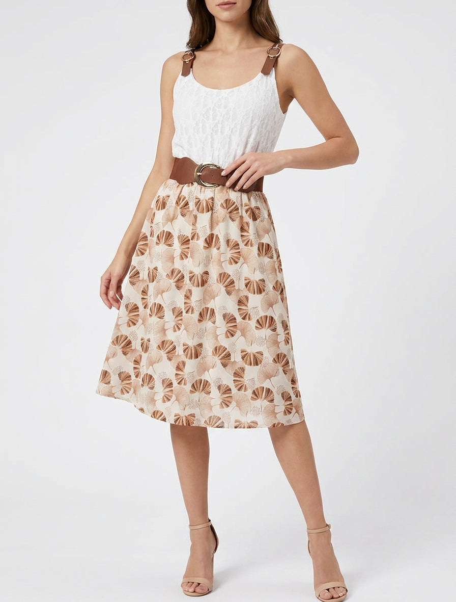 Midikleid mit Ginkgo-Print und Kunstlederträgern - Braun