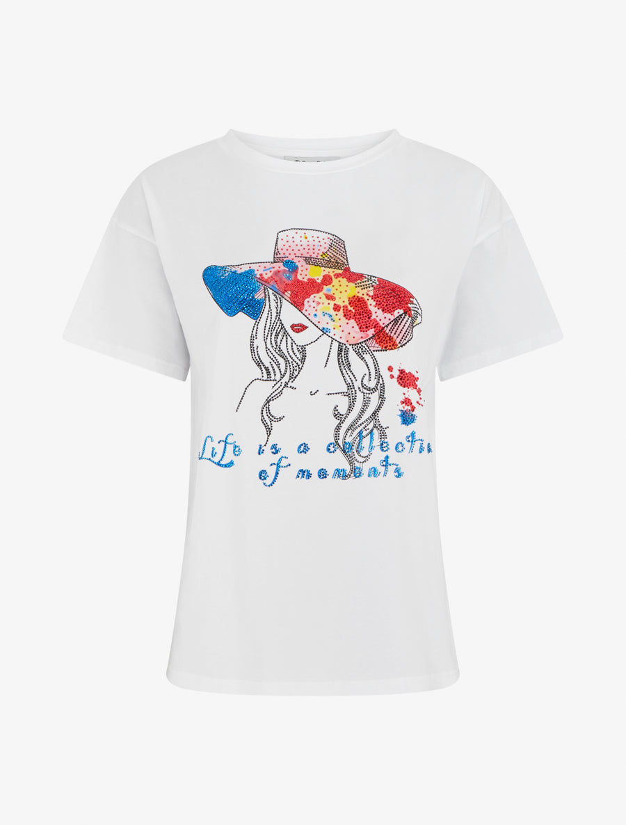 T-shirt à strass motif dame au chapeau - Blanc - 1