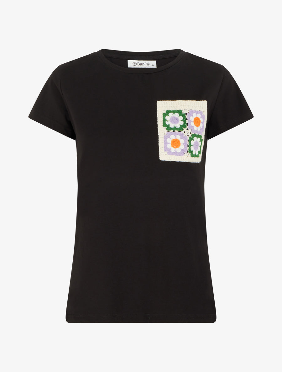 T-shirt à poche plaquée à motif floral - Noir - 1