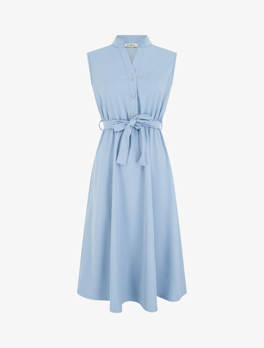 Robe unie élastiquée à buste boutonné - Bleu ciel - 1